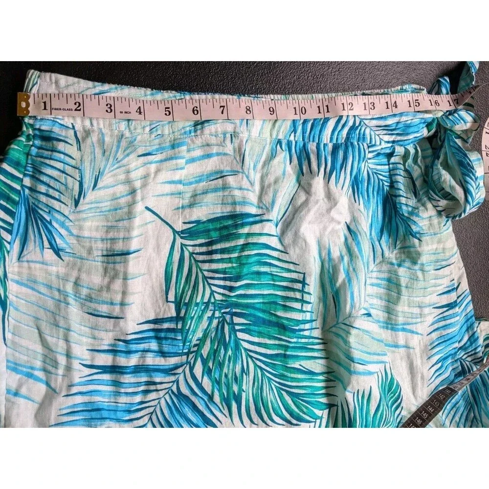 Tahari Midi Wrap Skirt 100% Linen Palm Leaves Tropical Vacation Elastic Back XL